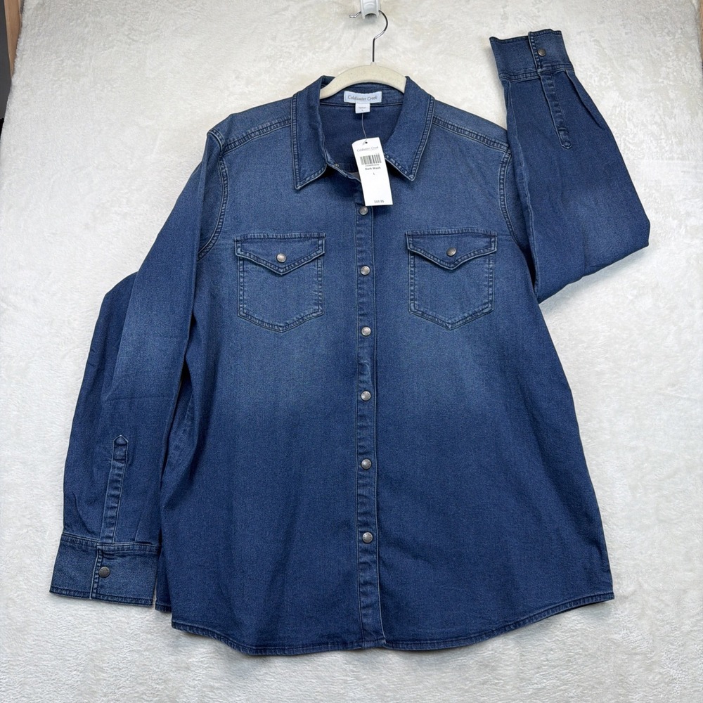 Coldwater Creek Women's Western Denim Shirt Pearl Snap Dark Wash Size L NWT